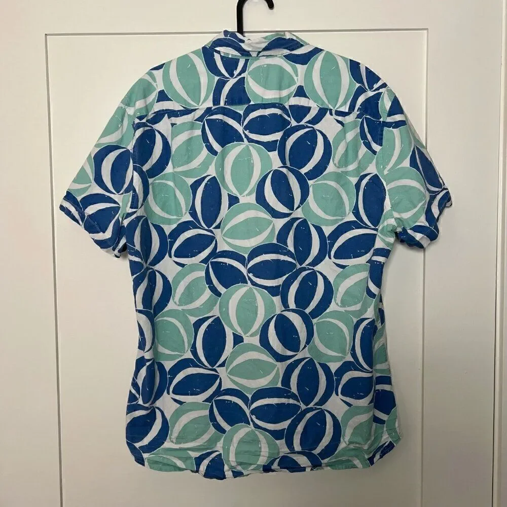 J. Crew Mens Shirt Large Blue Green Beachball Hawaiian Coastal Aloha Casual